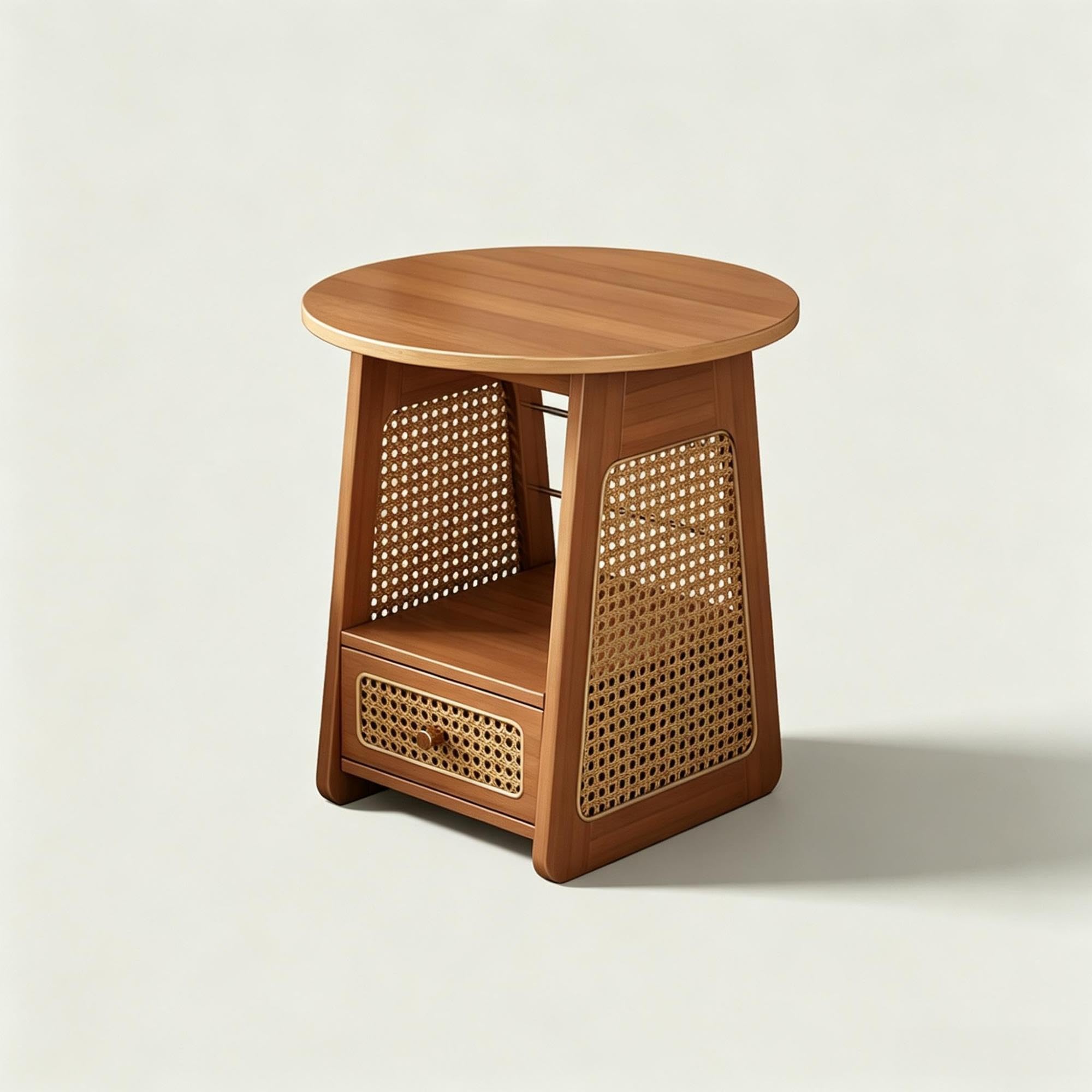 Runder Rattan Beistelltisch aus Bambus mit Schublade 50cm 2 Stile