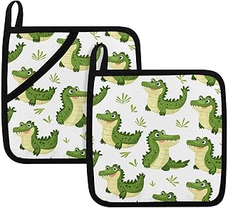 Set of 2 Cute Cartoon Crocodiles (2) Pot Holders Kitchen Decorative Heat Resistant Potholder Hot Pads for Cooking Baking Microwave Oven End Dishes BBQ Holiday Decors