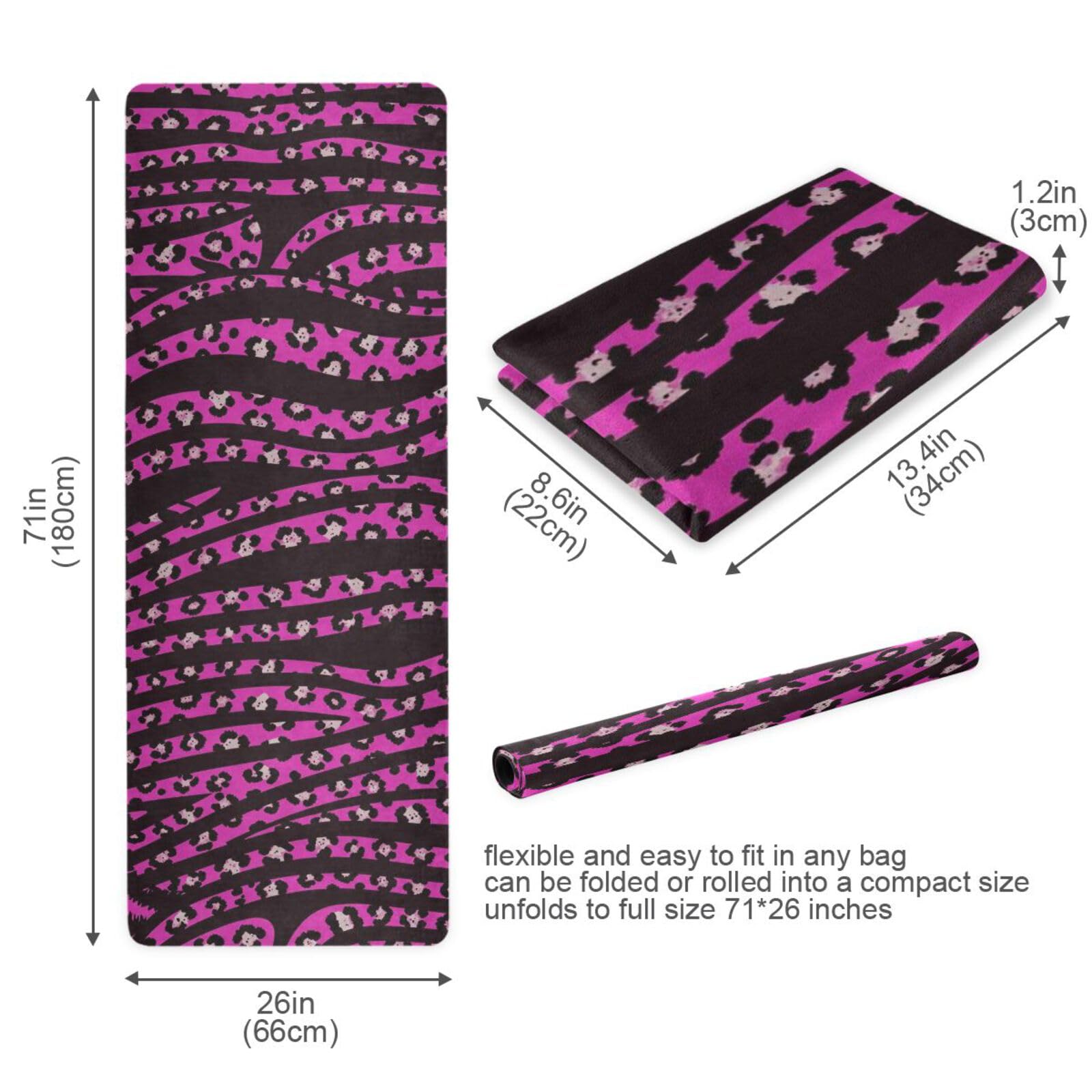 Esterilla de yoga portátil con estampado de cebras estéticas y rosas de leopardo de 1 mm de grosor para el hogar, antideslizante, con bolsa para ejercicio, 180 x 66 cm