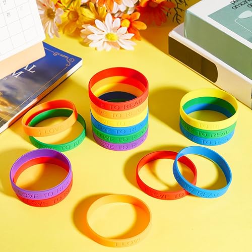 Miniatura 7 de Jutom Pulsera de goma motivacional con texto en inglés "I Love to Read", pulseras motivacionales coloridas, pulseras de silicona vital, pulseras