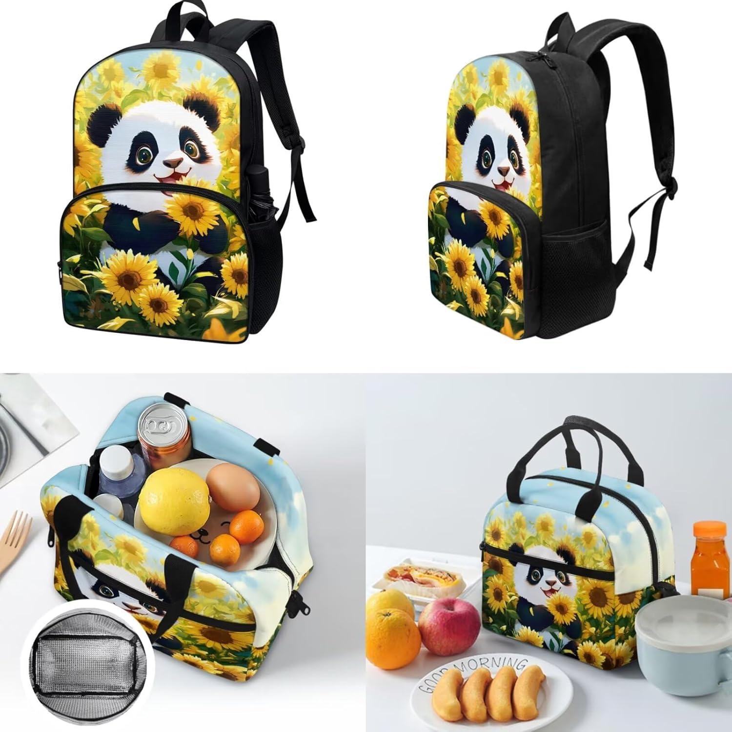 Tuoxiukan Panda School Backpack for Girls Middle School Sunflower Bookbag with Lunch Box and Pencil Case Set 3-Piece Kids School Bag 17 Inch Travel Backpack with Laptop Compartment