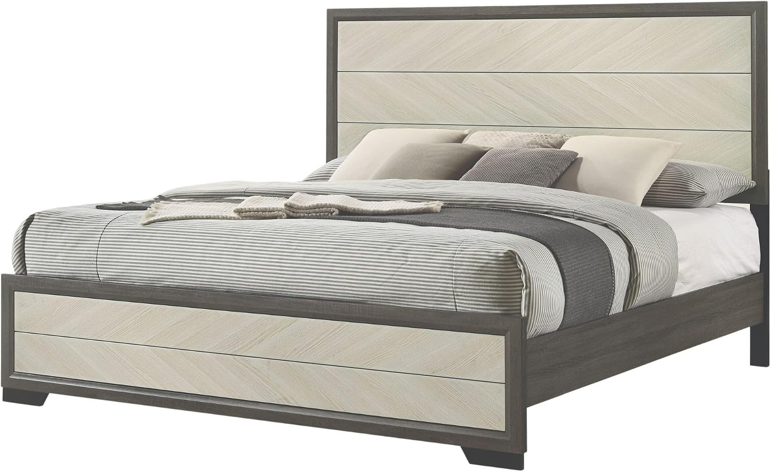 Kings Brand Furniture Visalia Modern Wooden Bed Frame with White and Grey Wood Finish - Sturdy and Slim Profile Design Bed Frame Platform, Perfect Bed for Bedroom (Queen)