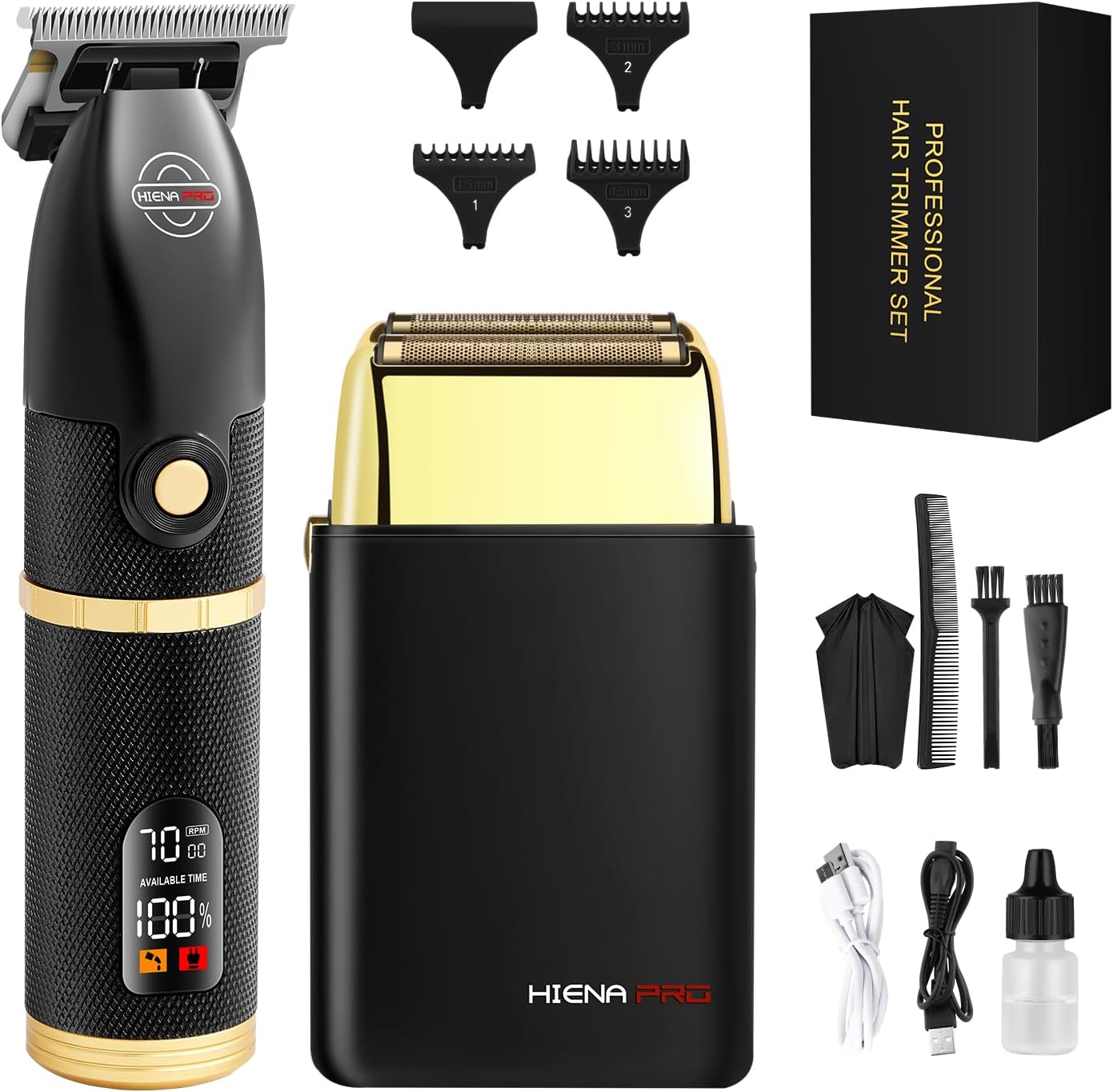 HIENA PRO Hair Trimmers and Foil Shaver for Men Kit,Men Professional Cordless Barbers Hair Clippers with LCD Display,Black Gold Zero Gapped Hair Trimmer, Double Foil Shaver