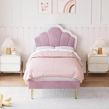 Aptliton Single Bed Frame, Soft Velvet Upholstered Bed, 3ft Shell Shape Bed with Removable Crown, Adjustable Headboard, Golden Iron Legs, Wooden Slatted Frame, 90 * 190cm, Pink