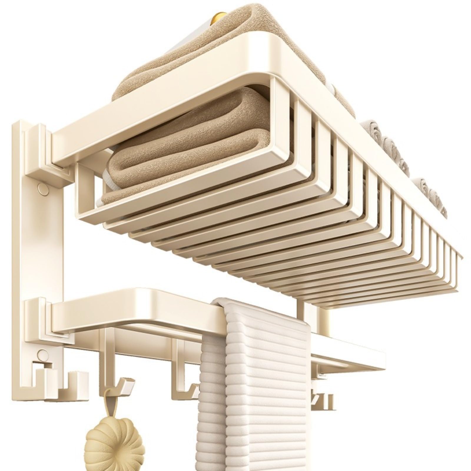Toallero de baño de pared con doble barra plegable y 5 ganchos