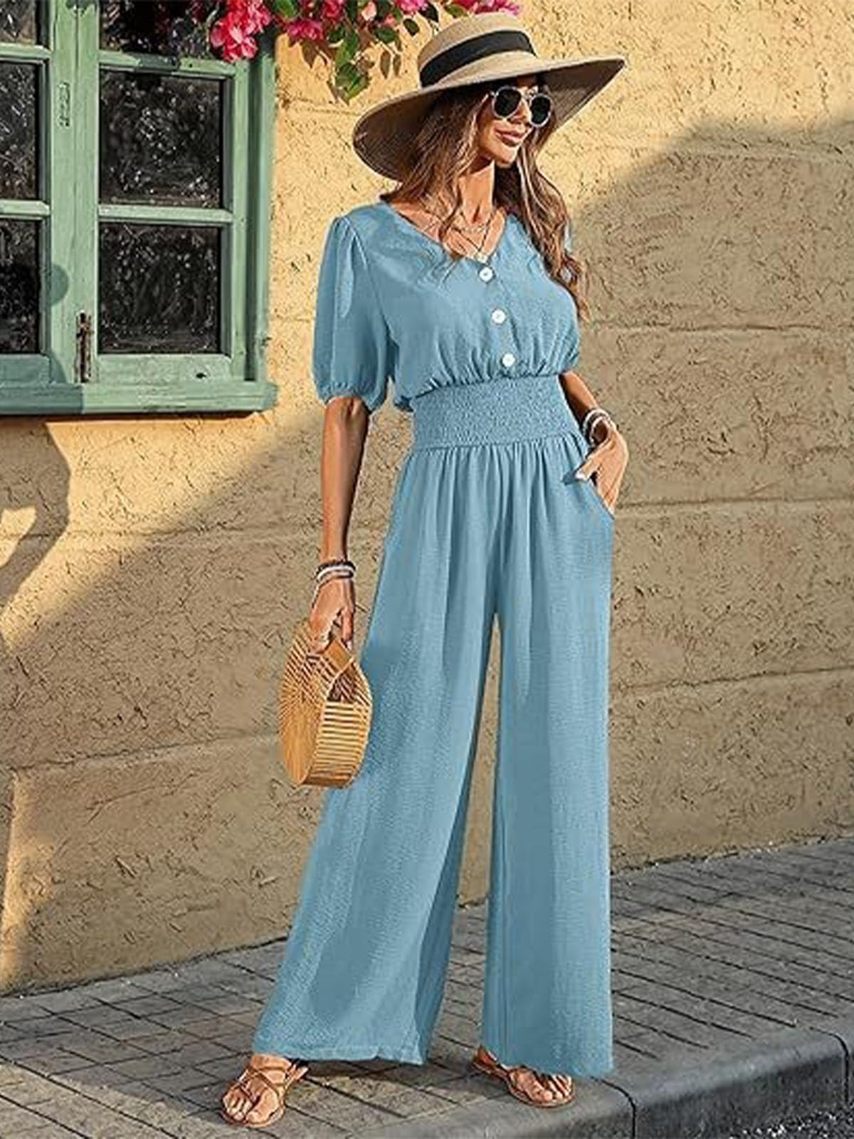 Jumpsuit Damen Sommer Kurzarm V-Ausschnitt Overall Elegant Taillenbetonender Jumpsuit Sommer Caual Playsuit mit Taschen