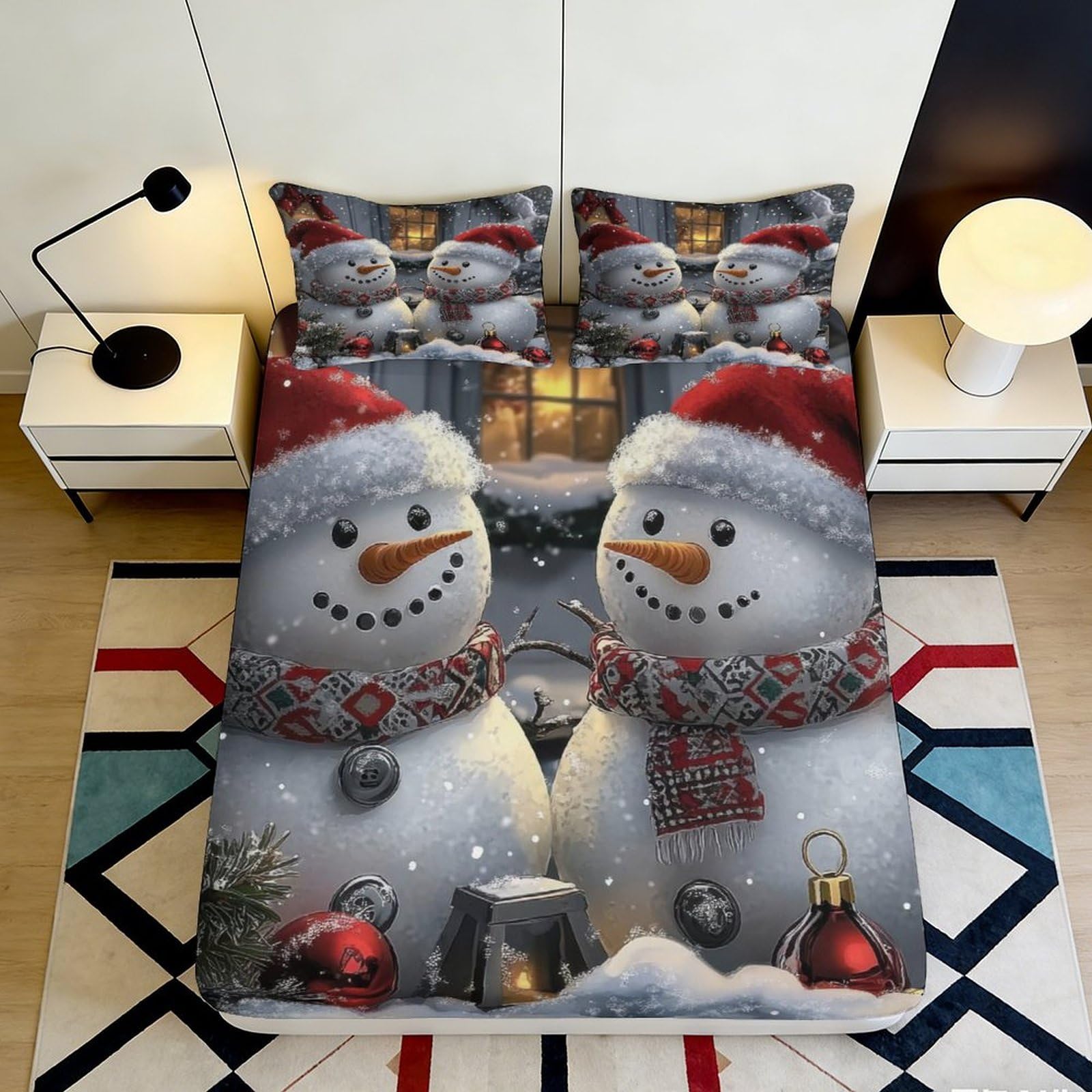 3D Printed Snowman Christmas Fitted Sheet Microfiber Soft Breathable Winter Scene Bed Cover for Bedroom Dorm Decor 90x200x25cm