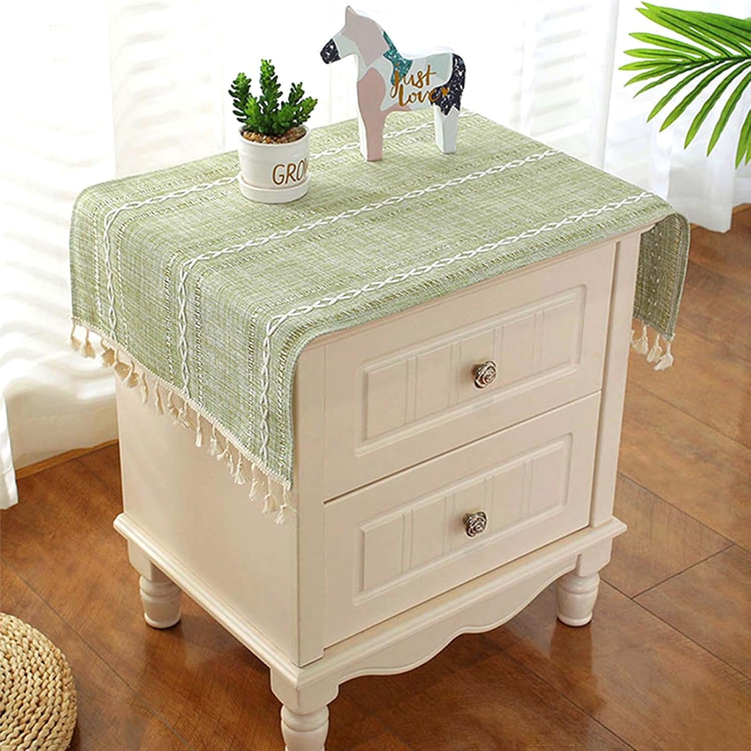SIELUNO Nightstand Table Tassel Cover Cloth, Rustic Rectangle Linen Coffee Table Cloth Suitable for Bedside Table TV Microwave Washing Machine Refrigerator Top Dust Cover-Green Stripe-16x36 Inch
