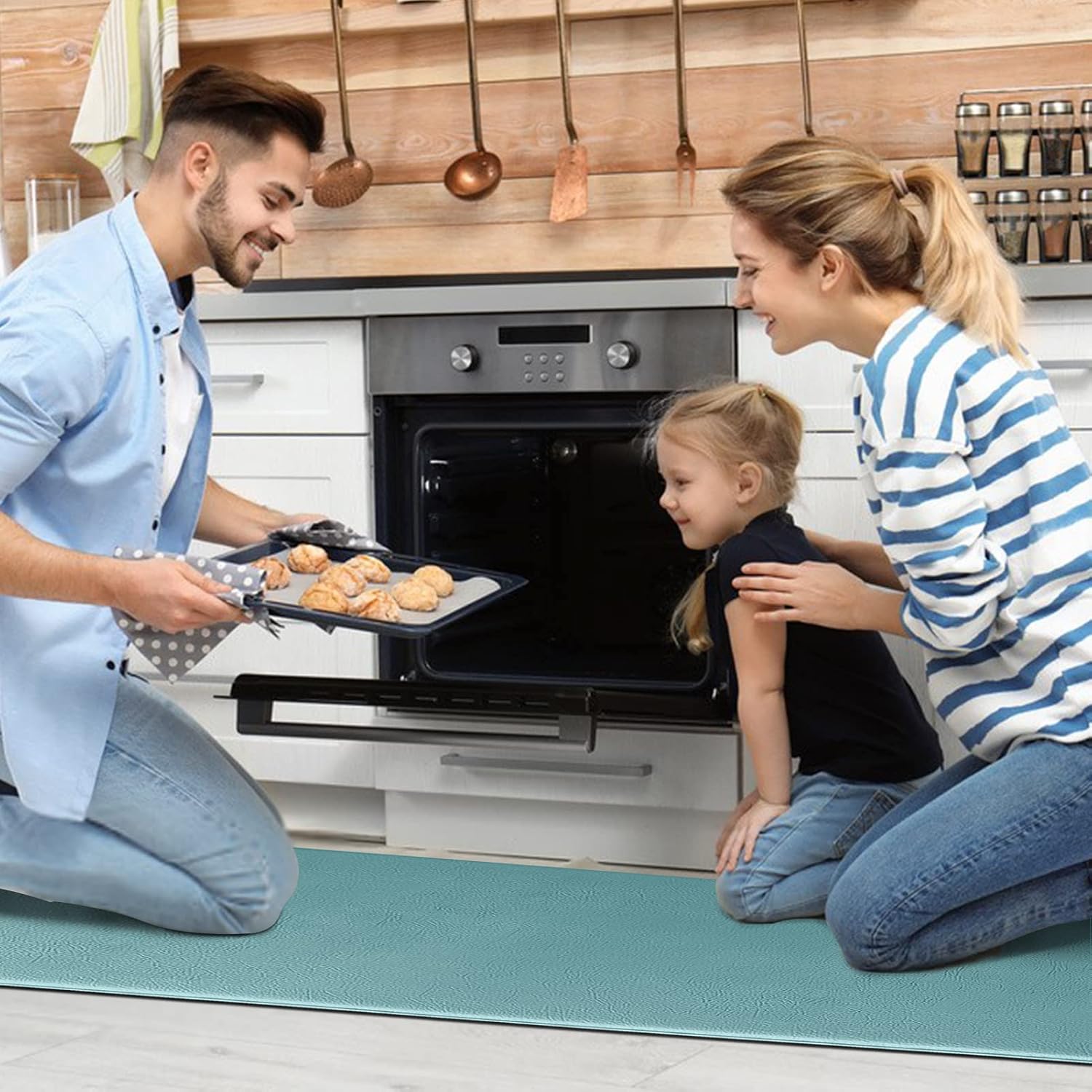 Kitchen Rugs 2 PCS Cushioned Anti-Fatigue Floor Mat, Waterproof Non-Slip Kitchen Mats and Rugs Comfort Standing Foam Mat for Kitchen, Office, Floor Home, 17.3"x30"+17.3"x59", Turquoise
