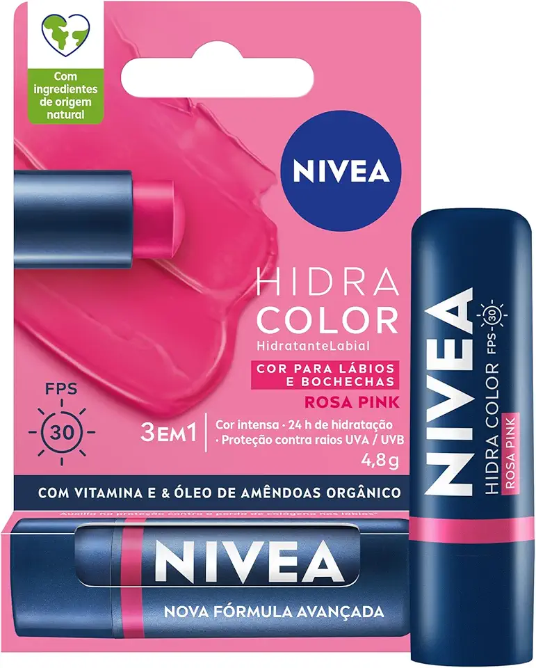 NIVEA Hidratante Labial Hidra Color 2 em 1 Rosa Pink 4,8g - Combina cor intensa e hidratação enriquecida com Manteiga de Karité, Óleo de Amêndoas orgânico e Vitamina E