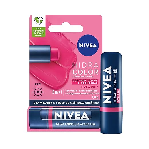 NIVEA Hidratante Labial Hidra Color 2 em 1 Rosa Pink 4,8g - Combina cor intensa e hidratação enriquecida com Manteiga de Karité, Óleo de Amêndoas orgânico e Vitamina E