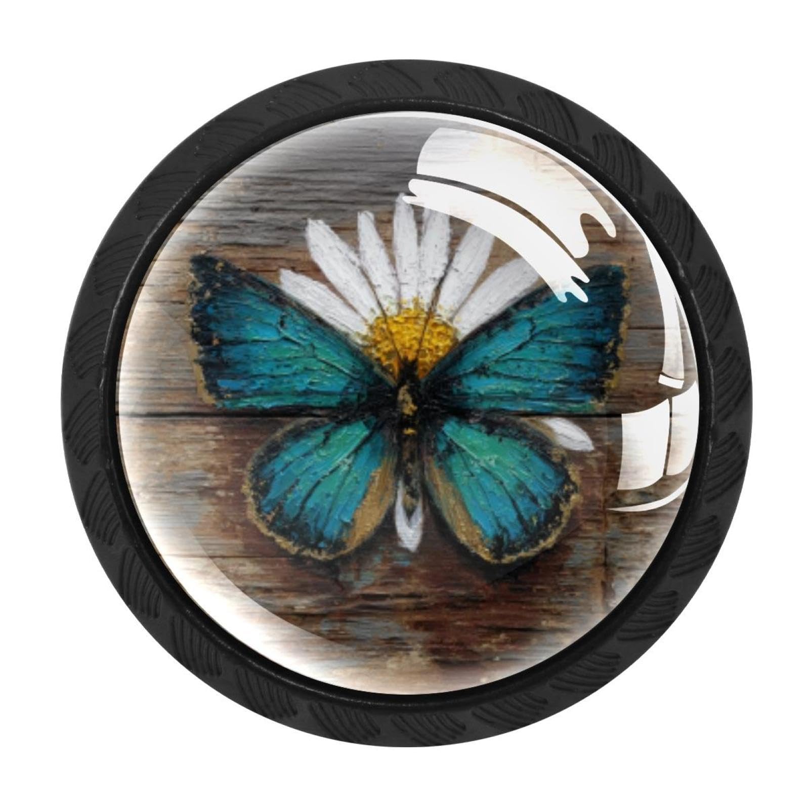 CHENZZZZ 4 Pieces Daisy Butterfly on Rustic Wooden (1) Kitchen Cabinet Knobs Drawer Knobs Dresser Knobs Black Knobs Drawer Pulls Dresser Drawer Handles Knobs for Dresser Drawers