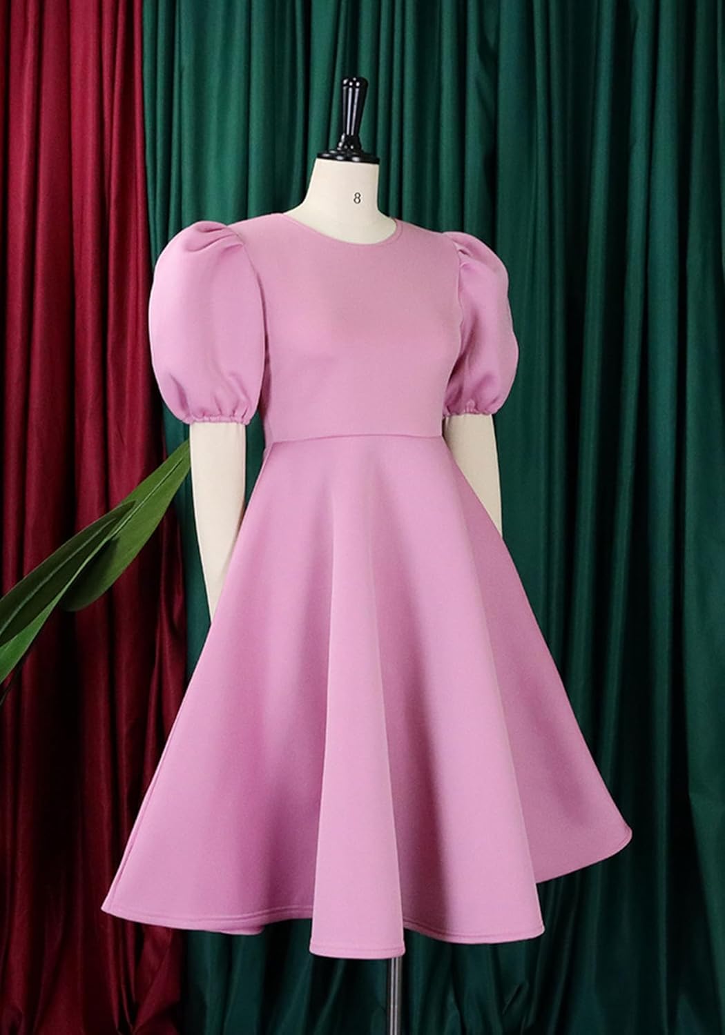 HuiSiFang Womens Elegant Pleated A Line Dress Short Bubble Sleeve Casual High Wasited Flare Midi Dresses - Image 4