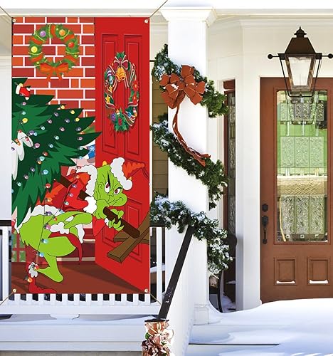 Miniatura 4 de Sunwer Grinchmas - Cubierta de puerta de Navidad Whoville, decoración de fiesta de invierno, decoración de porche frontal, telón de fondo para