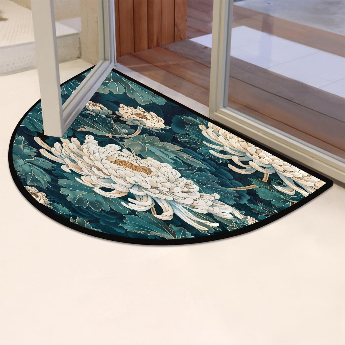 Half Round Door Mat Chrysanthemum Fall Flower Half Moon Rug Washable Half Circle Area Rugs Indoor Entrance Non Slip Semi Circle Bathroom Rugs Floor Carpet for Kithen Bedroom Fireplace Decor