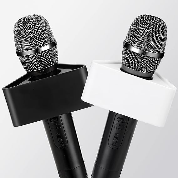 Facmogu 4PCS Black & White Triangular Microphone Stands, ABS Material Microphone Logo Custom Flag with Foam, Triangular Interview Logo Flag Station for Stage Karaoke