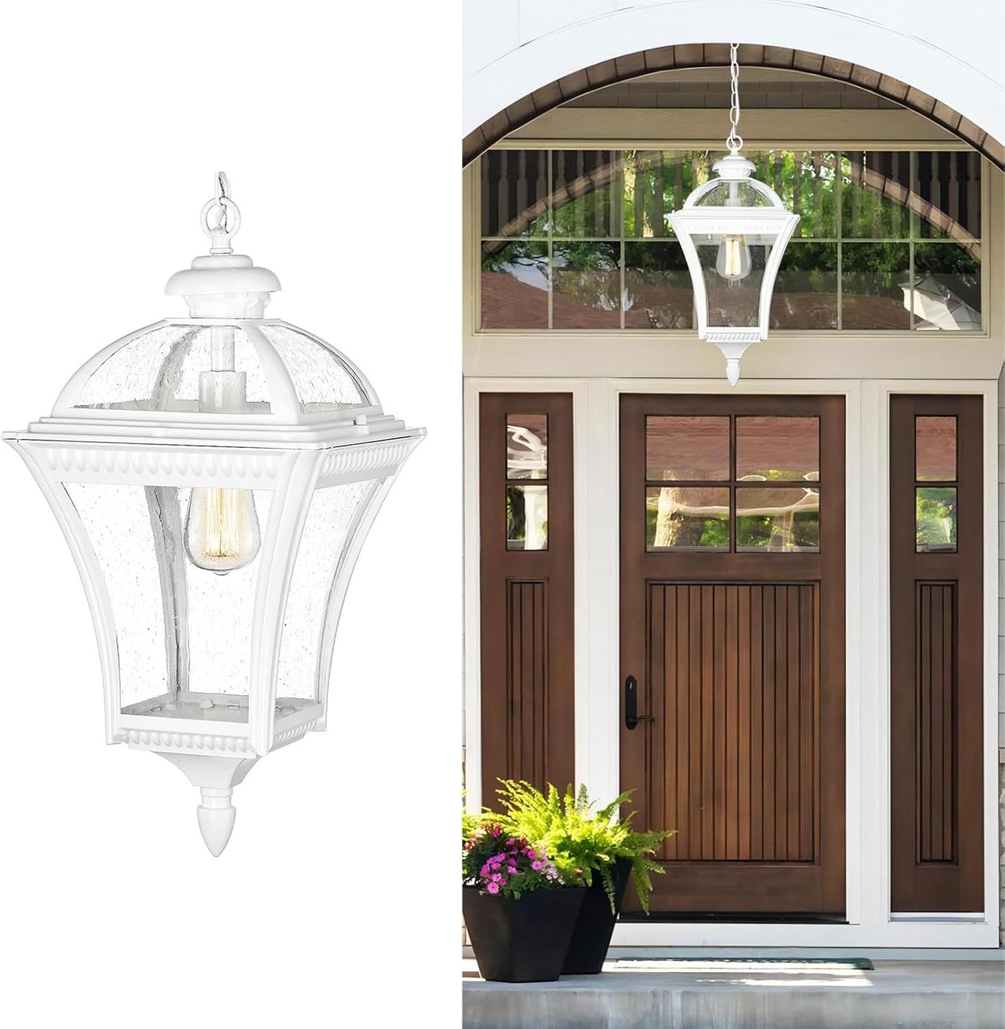 zeyu Modern Outdoor Hanging Porch Light, 21" Large Pendant Light Fixture for Outside with Seeded Glass Shade, Die-Cast Aluminum in White Finish, ZX55H WH