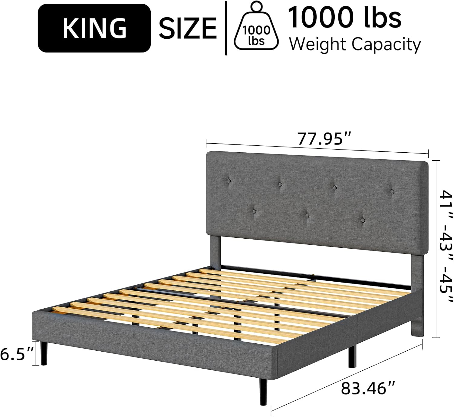 King Size Linen Bed Frame, Upholstered Platform Bed Frame with Adjustable Headboard, Wooden Slats Support, No Box Spring Needed, Easy Assembly, Grey