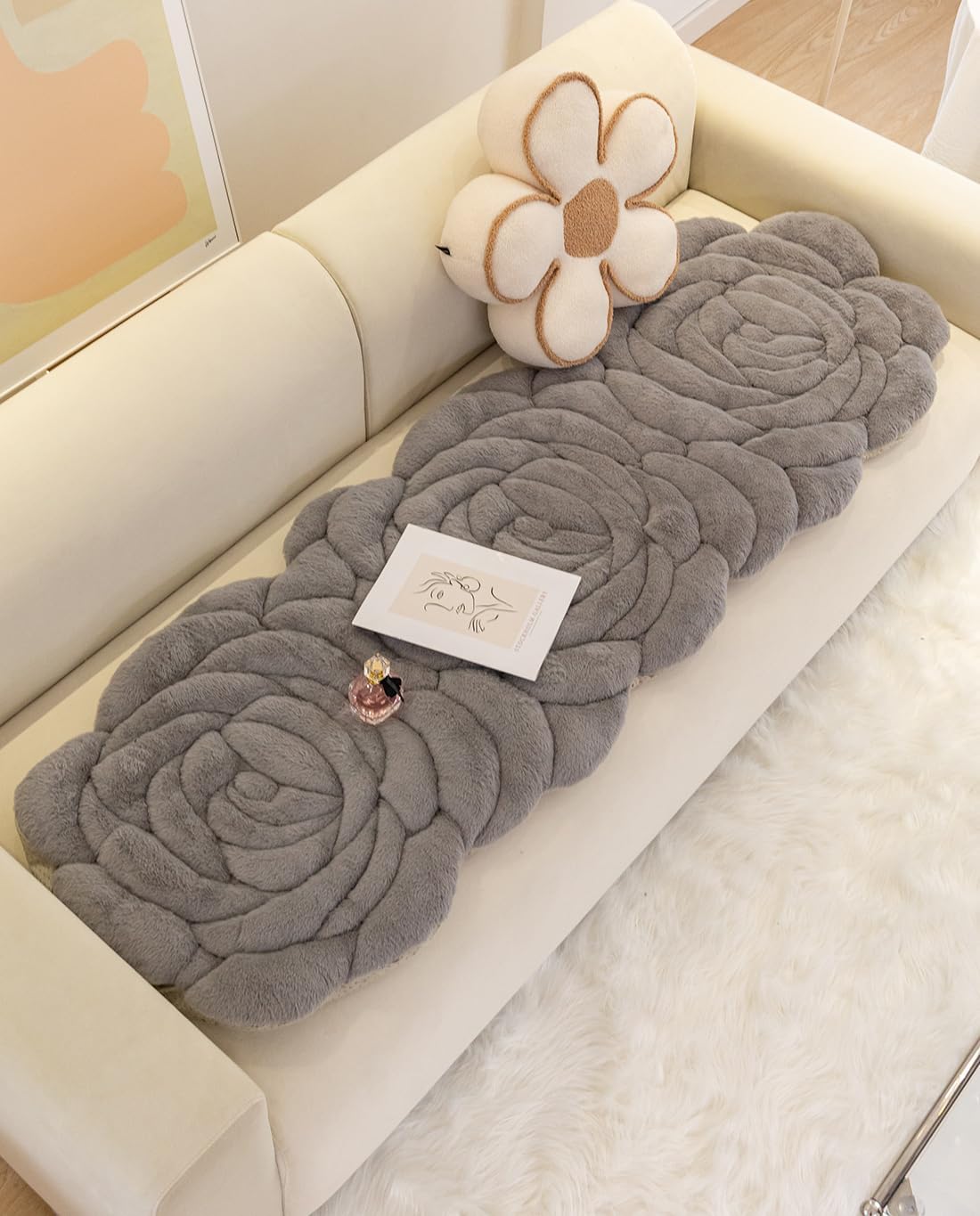 vctops 3D Rose Flower Shaped Couch Cover Faux Fur Thick Sofa Cover Non-Slip Furry Fuzzy Slipcover Soft Washable Furniture Protector Cover for Pet Cat Area Rugs (Grey,24"x24")