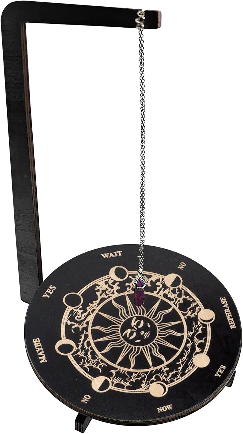 Wood Pendulum Stand with Sun Design, Crystal Divination Holder for Tarot Altar, Meditation & Spiritual Decor(Sun)