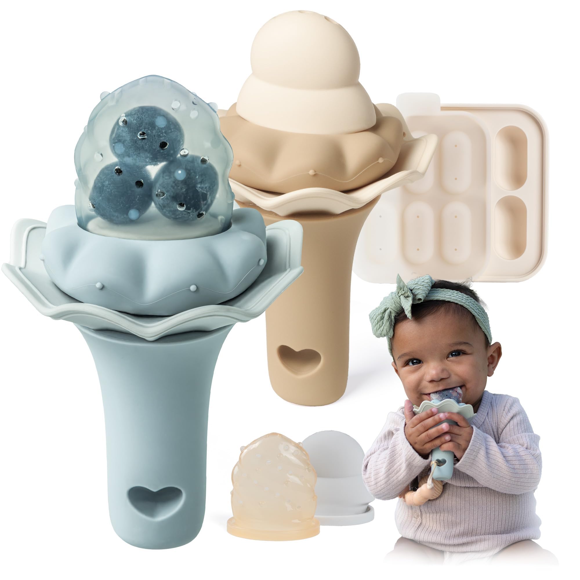 Moonkie Baby Fruit Feeder with Freezer Tray | BPA Free Silicone Baby Food Feeder with Two Sizes Pouches | Baby Shower Gifts | 4 Months+ Led Weaning, 2 Pack(Ether/Croissant)