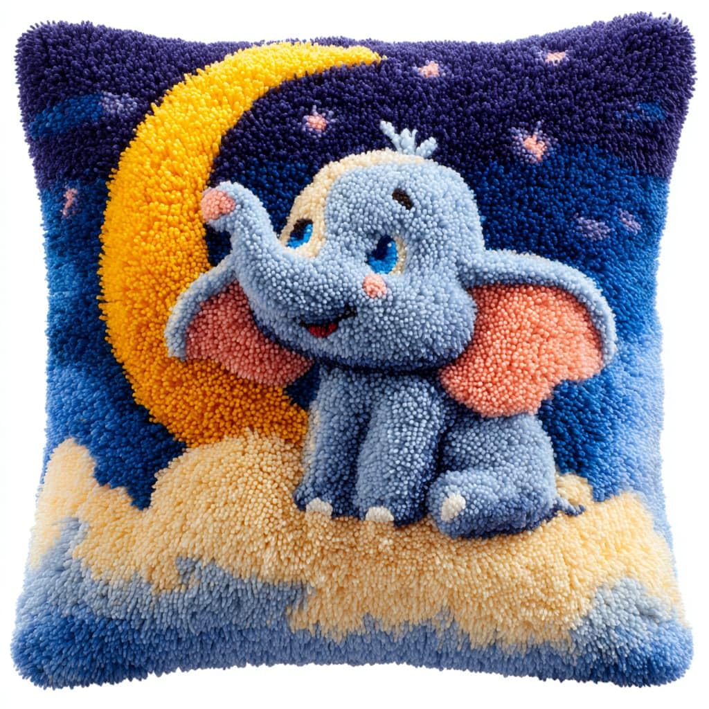 Taxpy DIY Latch Hook Kits, Elephant and Moon Pillow with Printed Canvas Handmade Cushion Crochet Yarn Embroidery Hook and Latch Kit Pillowcase 43x43cm