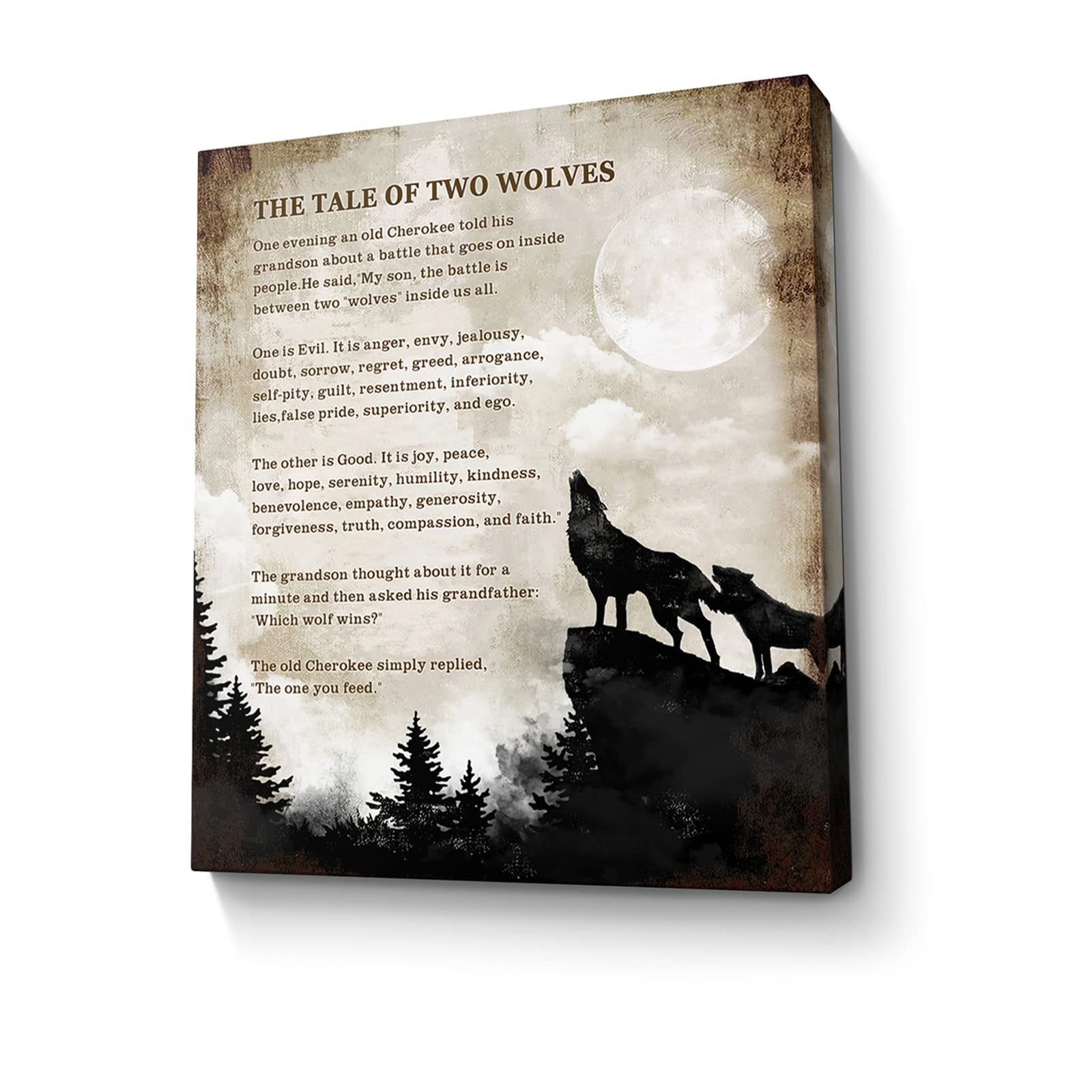 Motivational Wolf Canvas Wall Art Christian Wolf Gift for Men Picture Wall Decor, The Tale of Two Wolves Painting Framed Modern Artwork for Bedroom