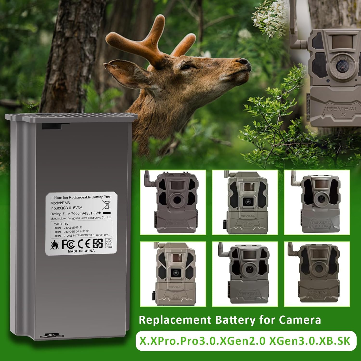 7000mAh 2-Pack Rechargeable Reveal Lipo Lithium Battery Trail & Game Camera Battery Compatible with Tactacam Pack Reveal Hunting Camera X, X Pro, Pro 3.0, X Gen 2.0, X Gen 3.0, XB, SK - 7.4V 51.8WH