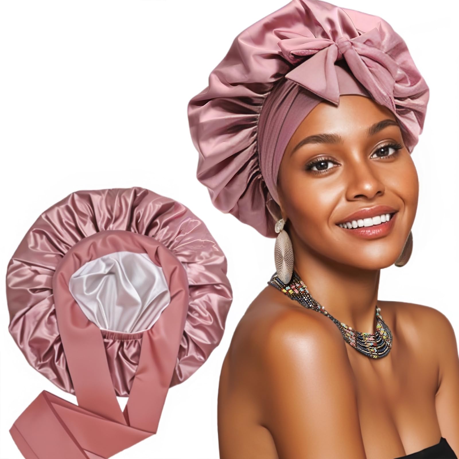 Satin Reusable Shower Cap for Women Double Layer, Shower Bonnet Washable Elastic Band Bath Hair Hat for Long Hair Ajustable hair Bonnet for Hair With