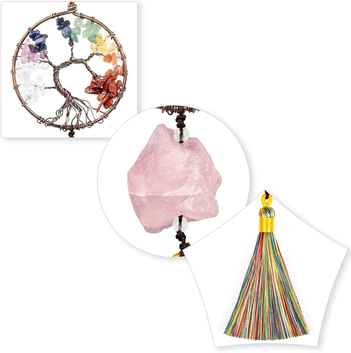 7 Chakra Crystal Tree of Life with Raw Stone Tassel Pendant Hanging Decorations for Wall Art Windows Car Rear View Mirrors Ornament, Rose Quartz