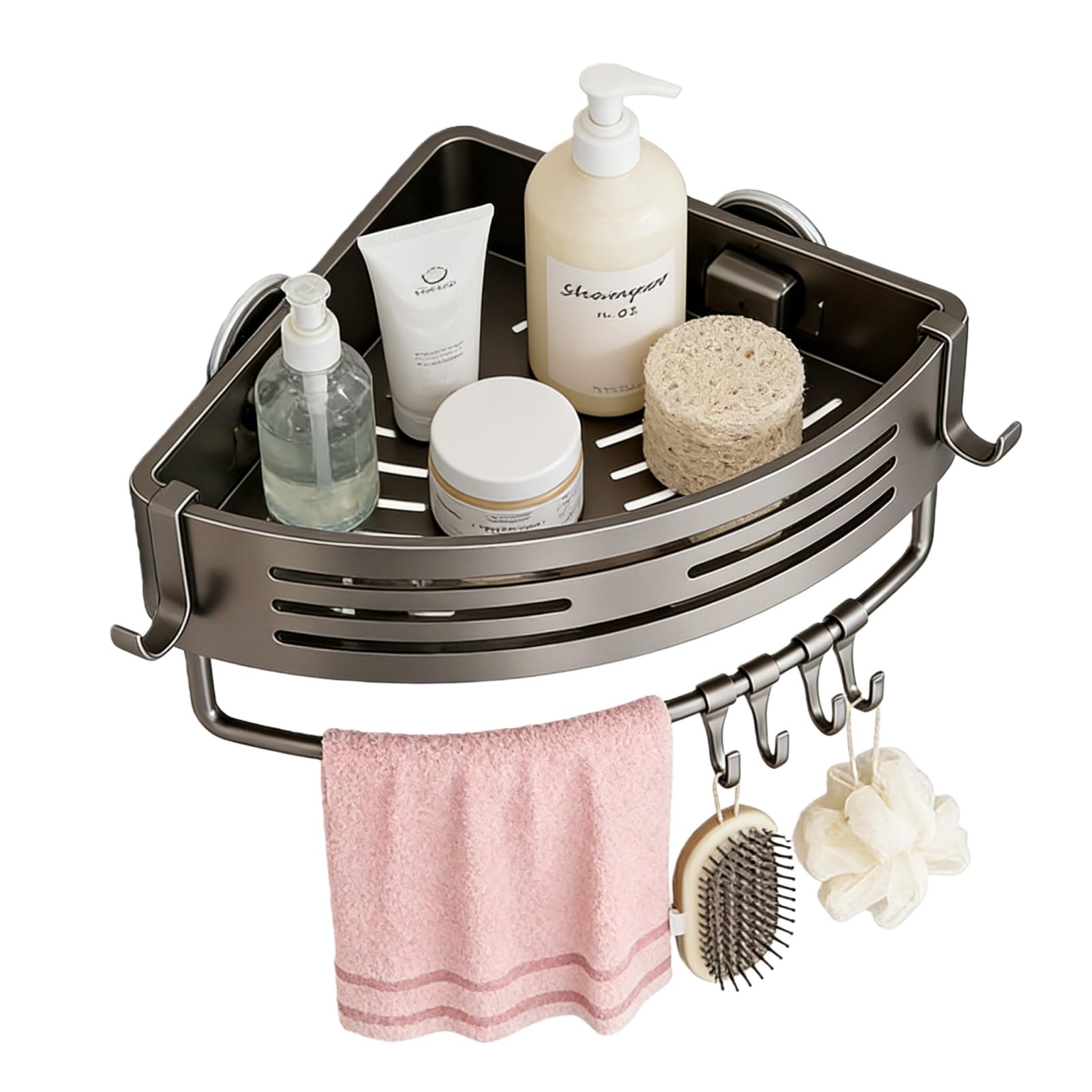 OHiZVZV 1 Pack Corner Shower Caddy No Drill Suction Cup Shower Shelf with Towel Bar Aluminum Bathroom Organizer