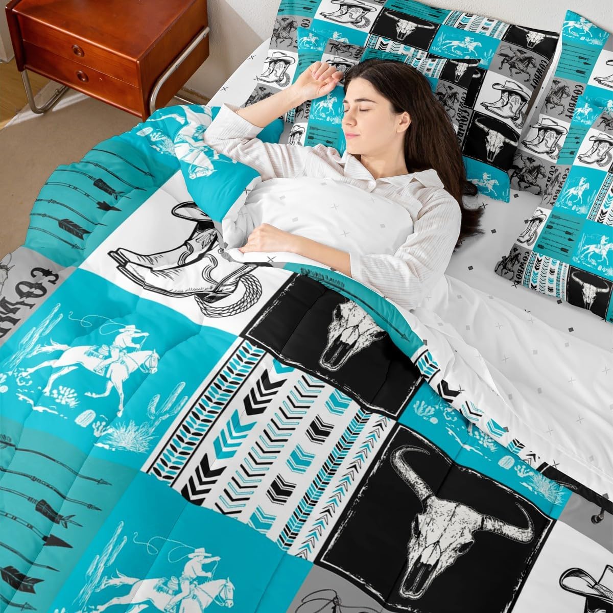 Western Cowboy Comforter Set 7 Pieces, Bull Skull Horses Arrow Print Bedding Queen, Blue Grey Lattice Patchwork Bed Set with 1 Comforter,1 Fitted Sheet,1 Flat Sheet,2 Pillowcases,2 Throw Pillow Cover