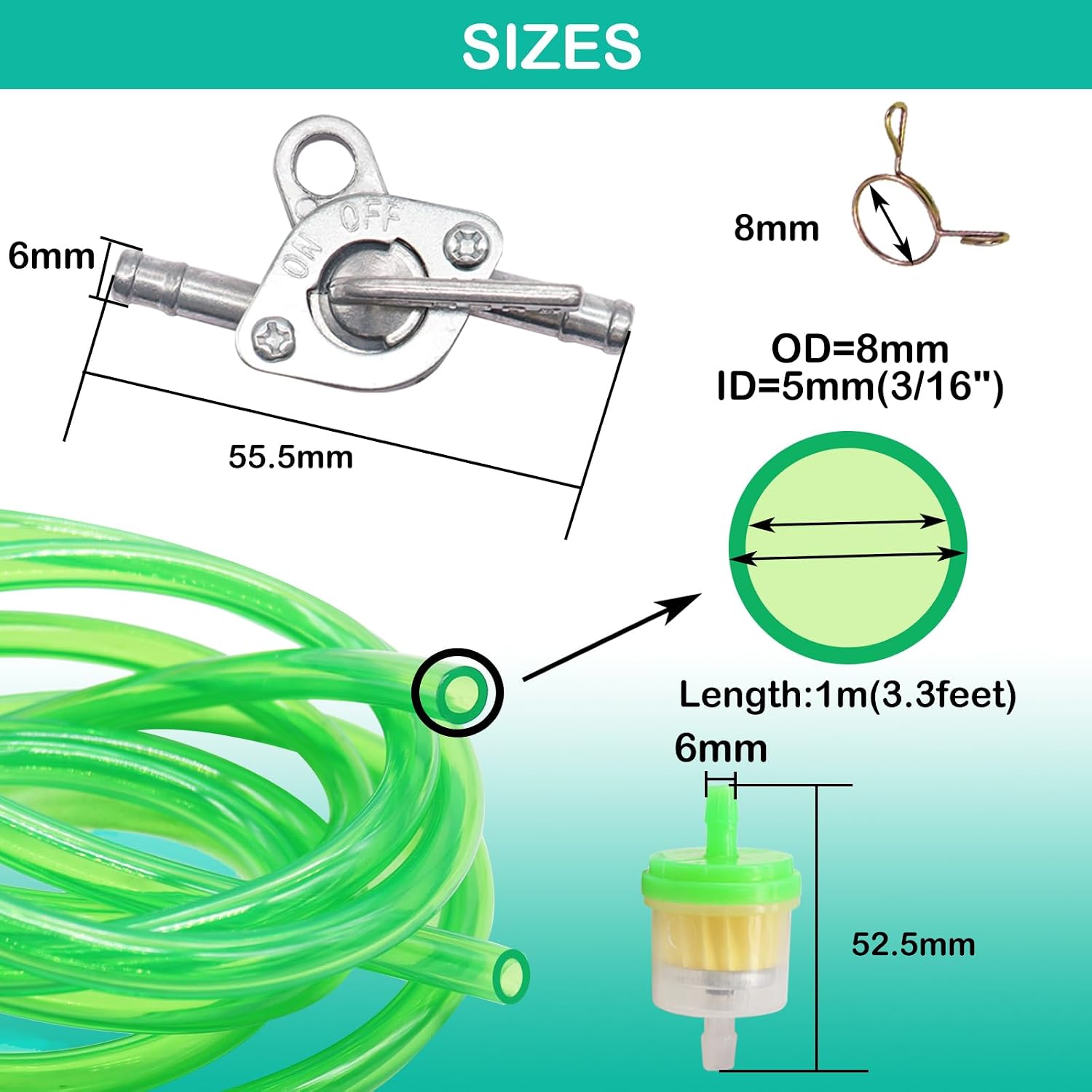 3.3Ft Fuel Line with Clamps Fuel Filters Inline Shut Off Valve Petcock Set for GY6 50cc 70cc 90cc 110cc 125cc 150cc Taotao Coolster Apollo Baja ATV Dirt Pit Bike Go Kart (Green)