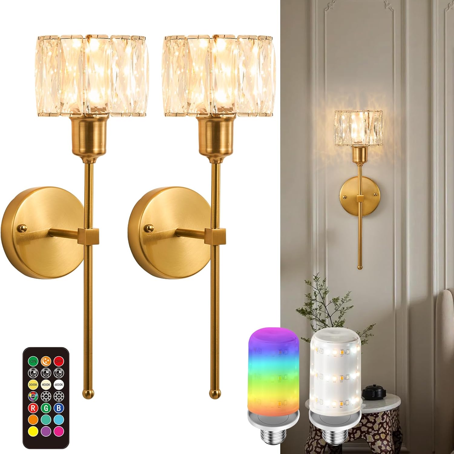 Crystal Battery Operated Wall Sconces Set Of Two, Gold Wireless Wall Light with USB Rechargeable LED Light Bulbs 12 Colors Dimmable Crystal Wall Lamp with Remote for Living Room, Bedroom, Hallway