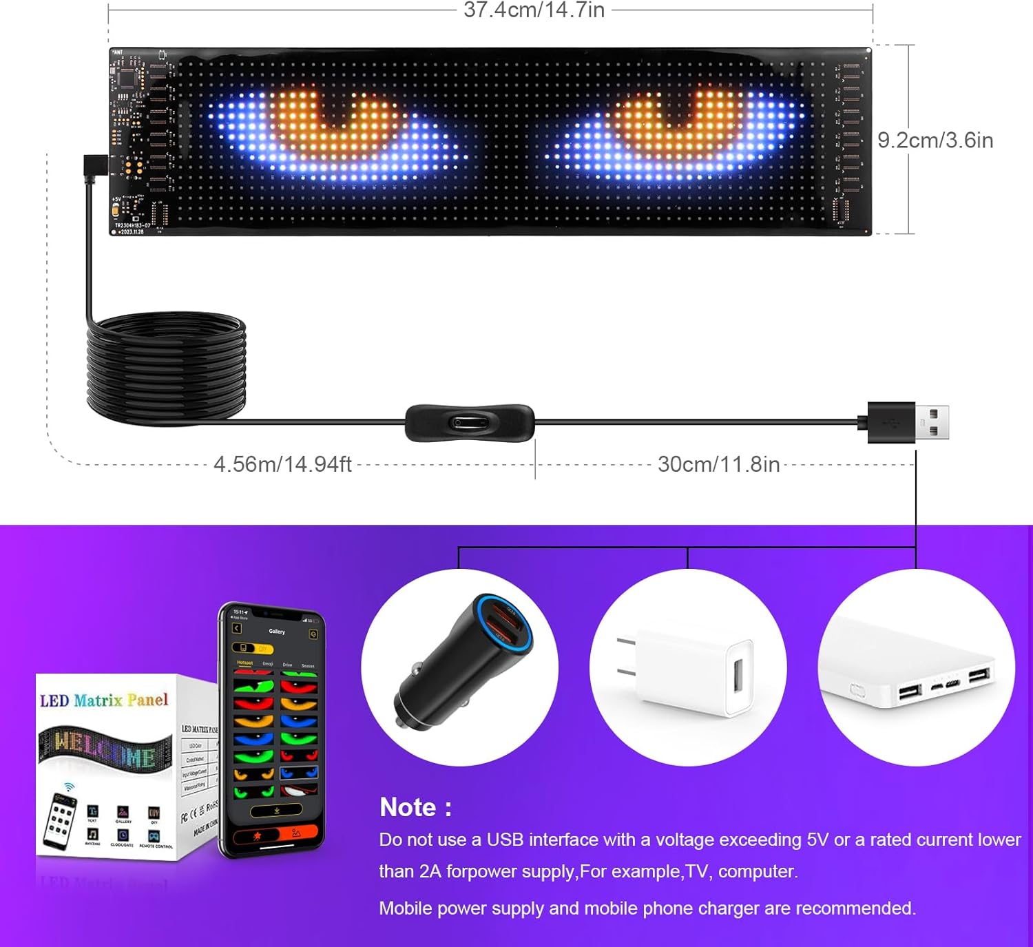 Led Sign for Car Window- 15x4'' Programmable LED Message Display for Car, USB 5V Scrolling Sign Custom Animations Text, Bluetooth APP Control Flexible LED Matrix Panel for Store Party Bar Festival - Image 3