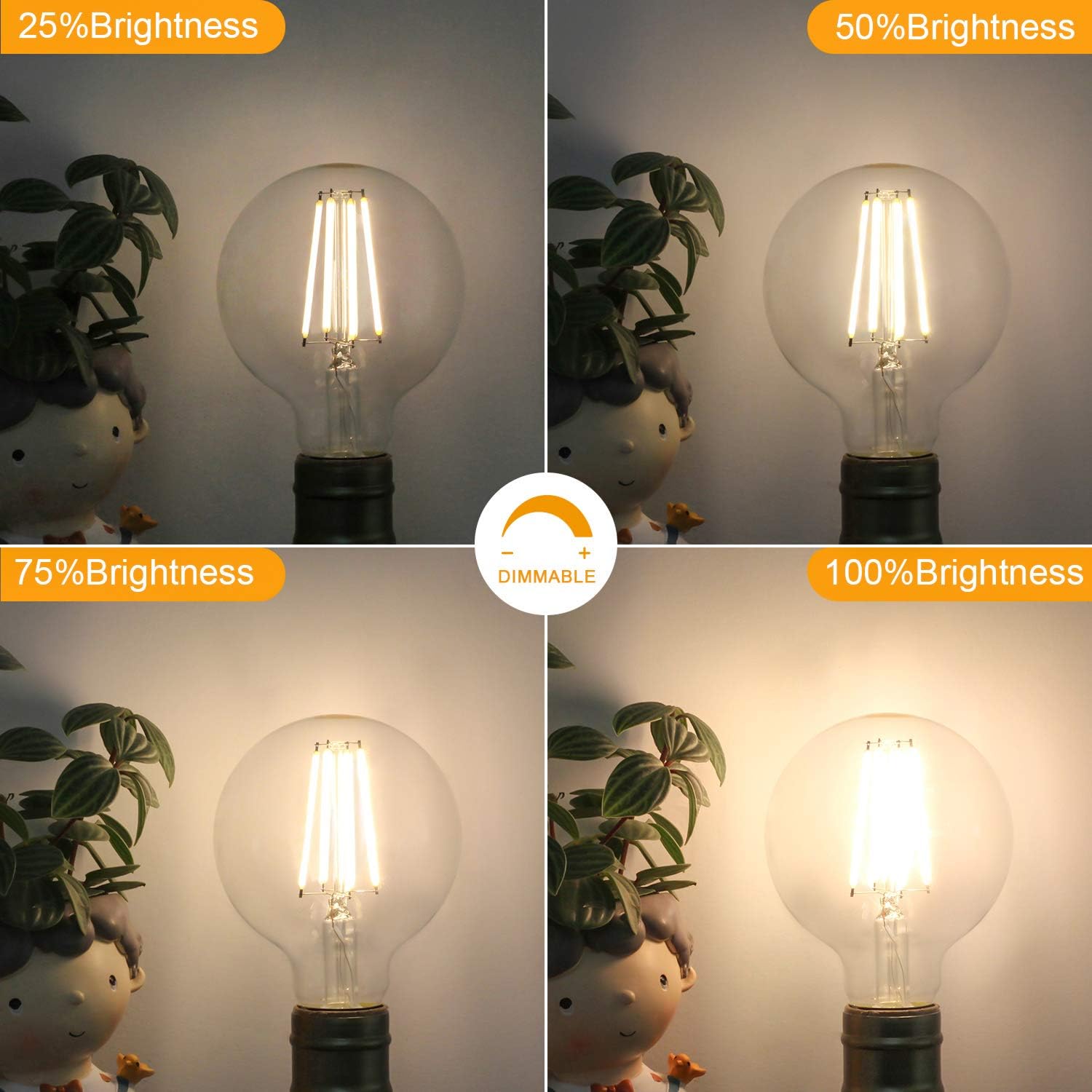 Boncoo G25 Round Light Bulb Dimmable LED Globe Bulb 60W Equivalent 2700K Soft White 600LM 6W Led Edison Bulb E26 Base Led Filament Bulb Decorative Vanity Bulbs for Makeup Mirror, Bathroom, 4 Pack