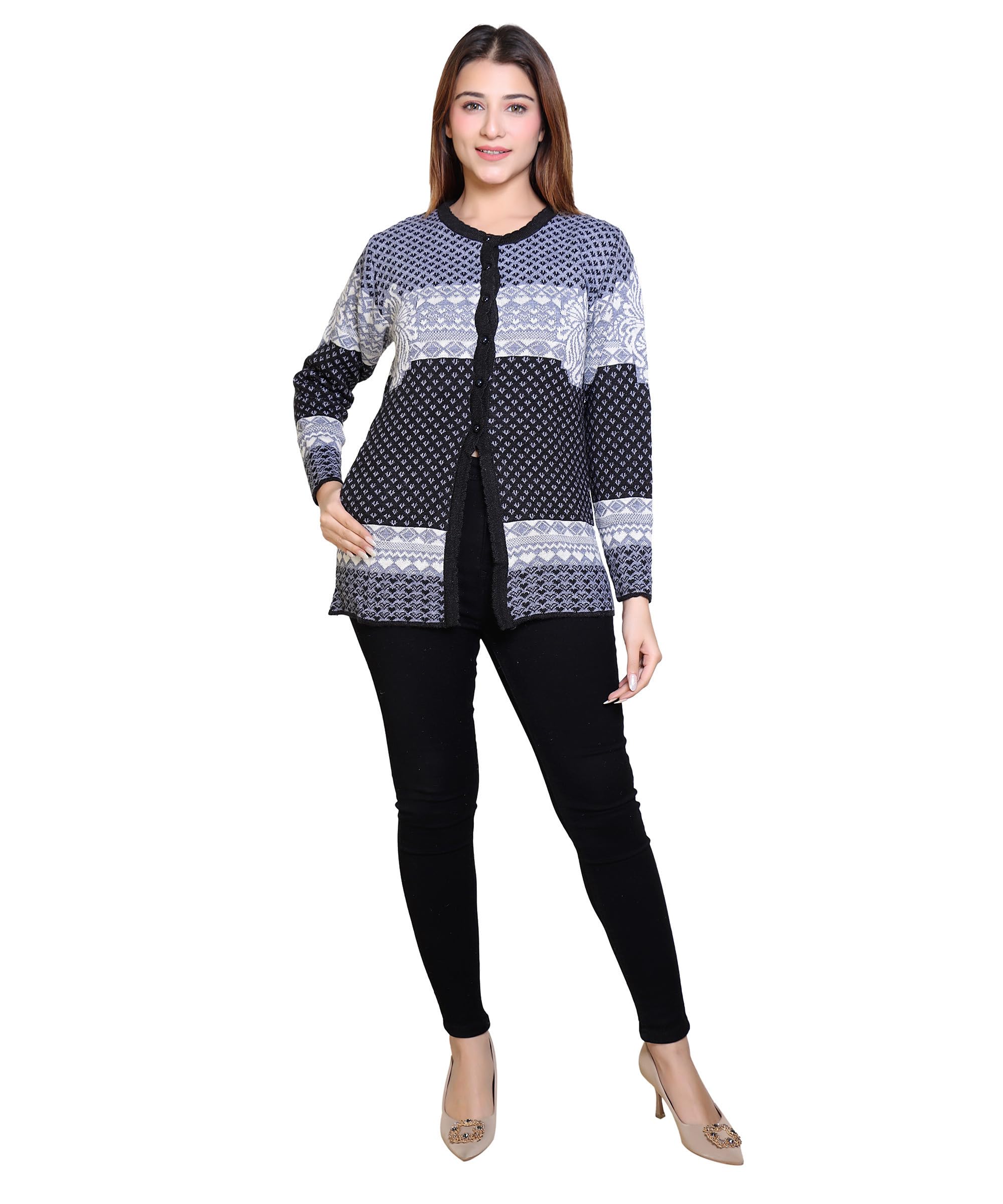 grand line Women Sweater for Winter Woolen Acrylic Full Sleeves Round Neck Stylish Design Cardigan Girls/Ladies|Black01, L-picture-55