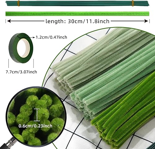 Miniatura 4 de URSDIART 311 piezas de limpiapipas verdes para manualidades, kit de fabricación de flores de felpilla al vapor, alambre grueso y mullido con