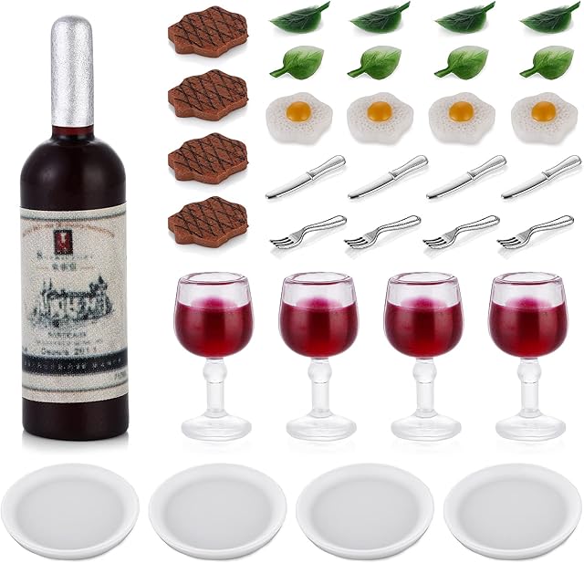 cobee Dollhouse Mini Food Drinks Set, 33PCS Miniature Food Drink Model for Pretend Play Doll House Decor Set DollsHouse Kitchen Game Party Toys DIY Decoration Accessories