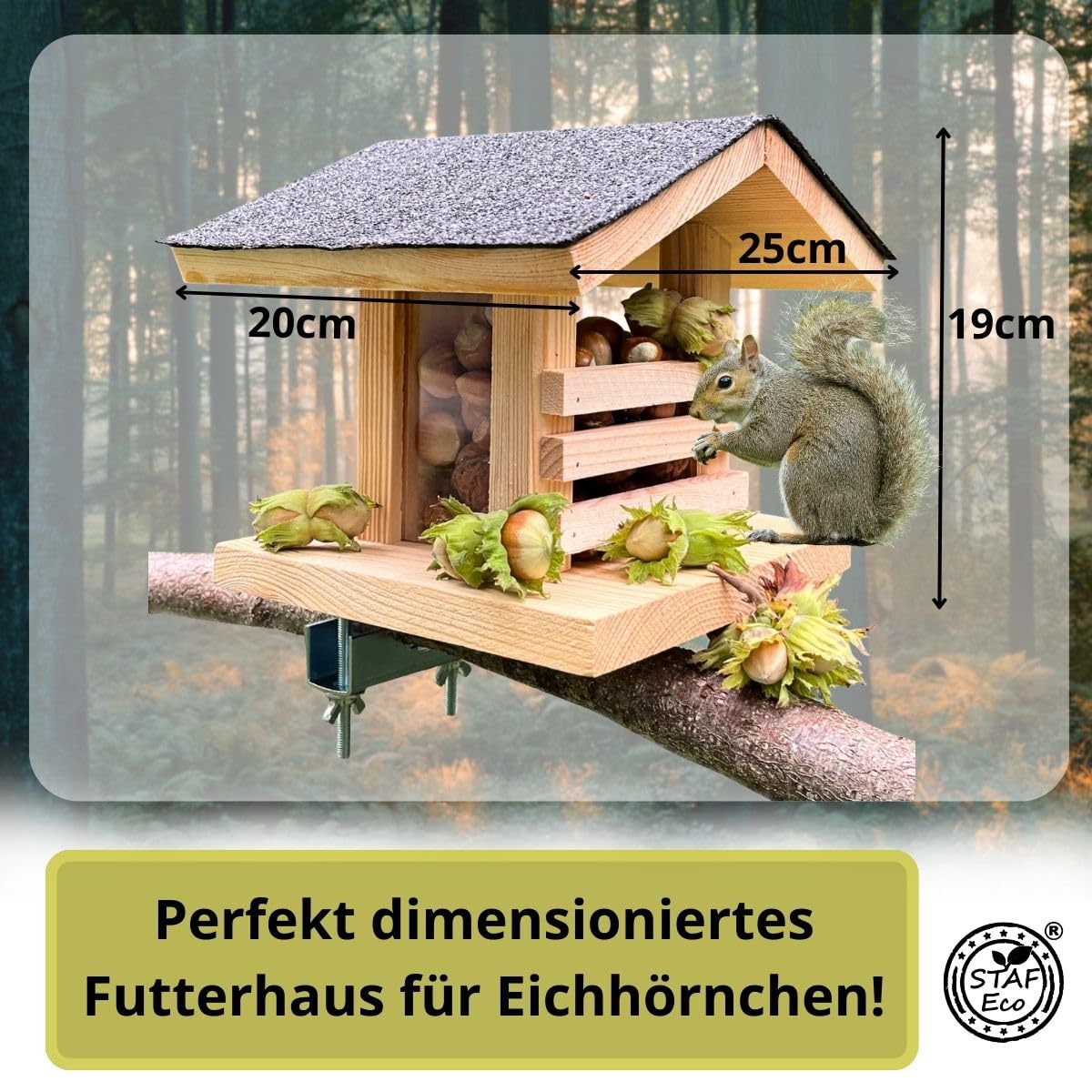 Eichhörnchen Futterhaus aus Holz für Balkon oder Baum wetterfestes Futterhaus für Eichhörnchen mit Haselnüssen und Eicheln stabiles Eichhörnchenhaus für Garten & Terrasse Made in EU (Satteldach)