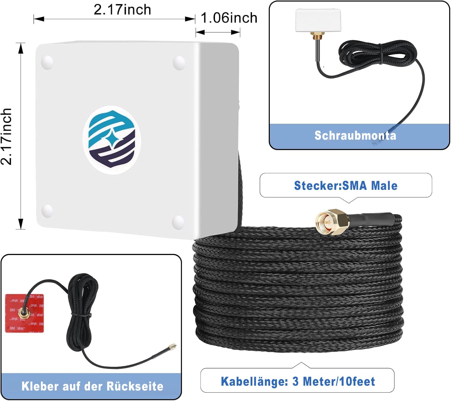Maswell GNSS GPS-Antenne SMA-Stecker, GPS GLONASS BEIDOU GAILEO L1-Band 1561–1602 MHz, Schraube und -Klebehalterung, IP67 wasserdichtes, UV-stabilisiertes Nylon-Umflechtungskabel