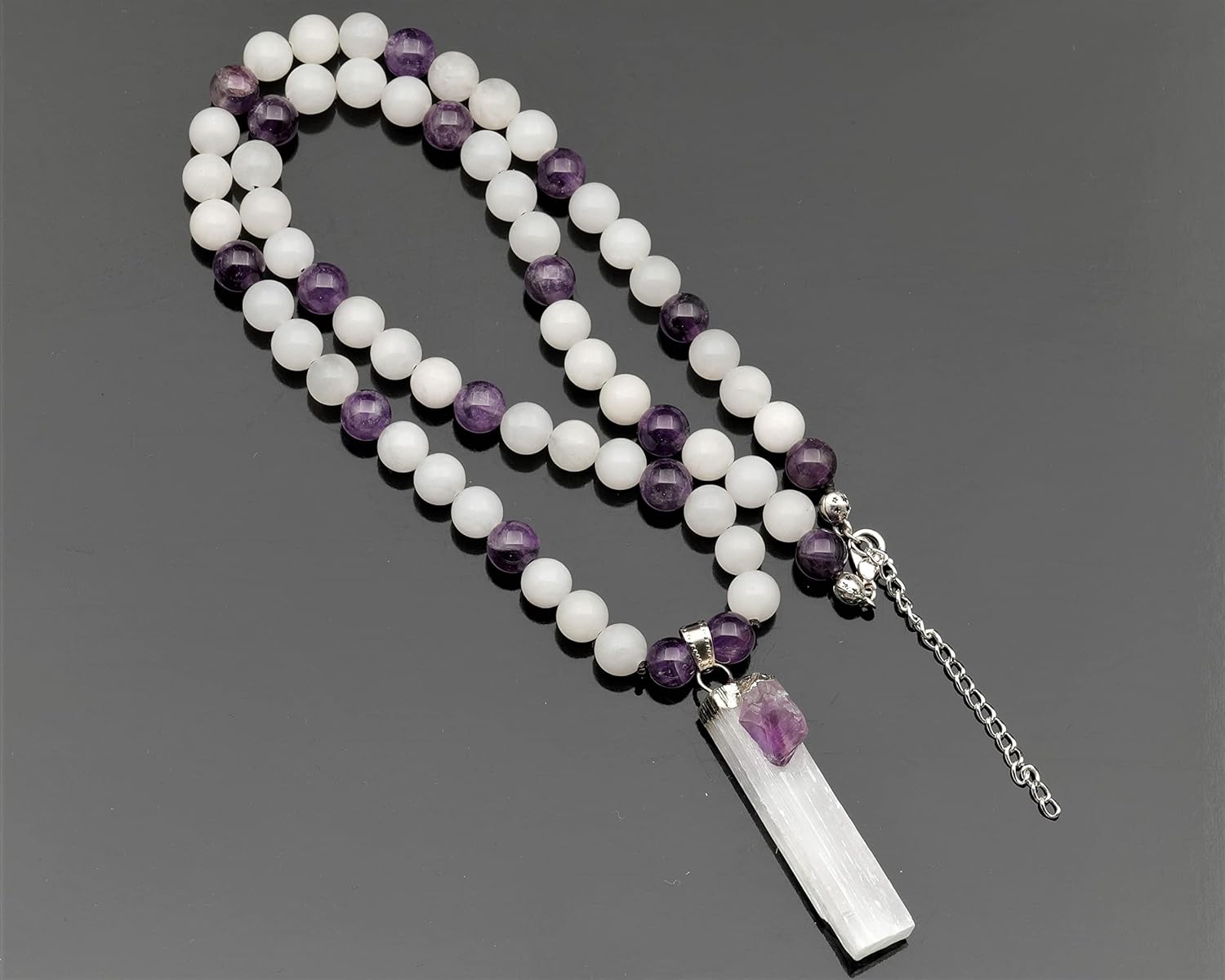 ElisaJewelryArt - Natural Raw Selenite With Amethyst Crystal Beaded Necklace Genuine Selenite And Amethyst Gemstone Clearing Stone Clasp Closure Necklace Unisex Necklace - Image 6