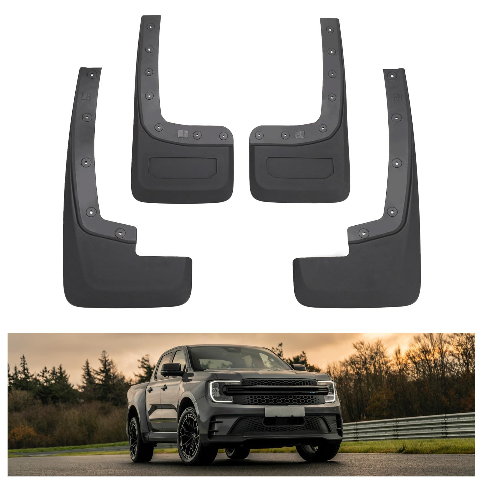Kiwi Master No Drill Mud Flaps for 2024-2026 Ford Ranger (Not Fits Raptor) | OEM Replacement # R1WZ-16A550-AA R1WZ-16A550-BA, Heavy Duty Mud Guards, Front &amp; Rear Splash Guards, 4 Pcs Set