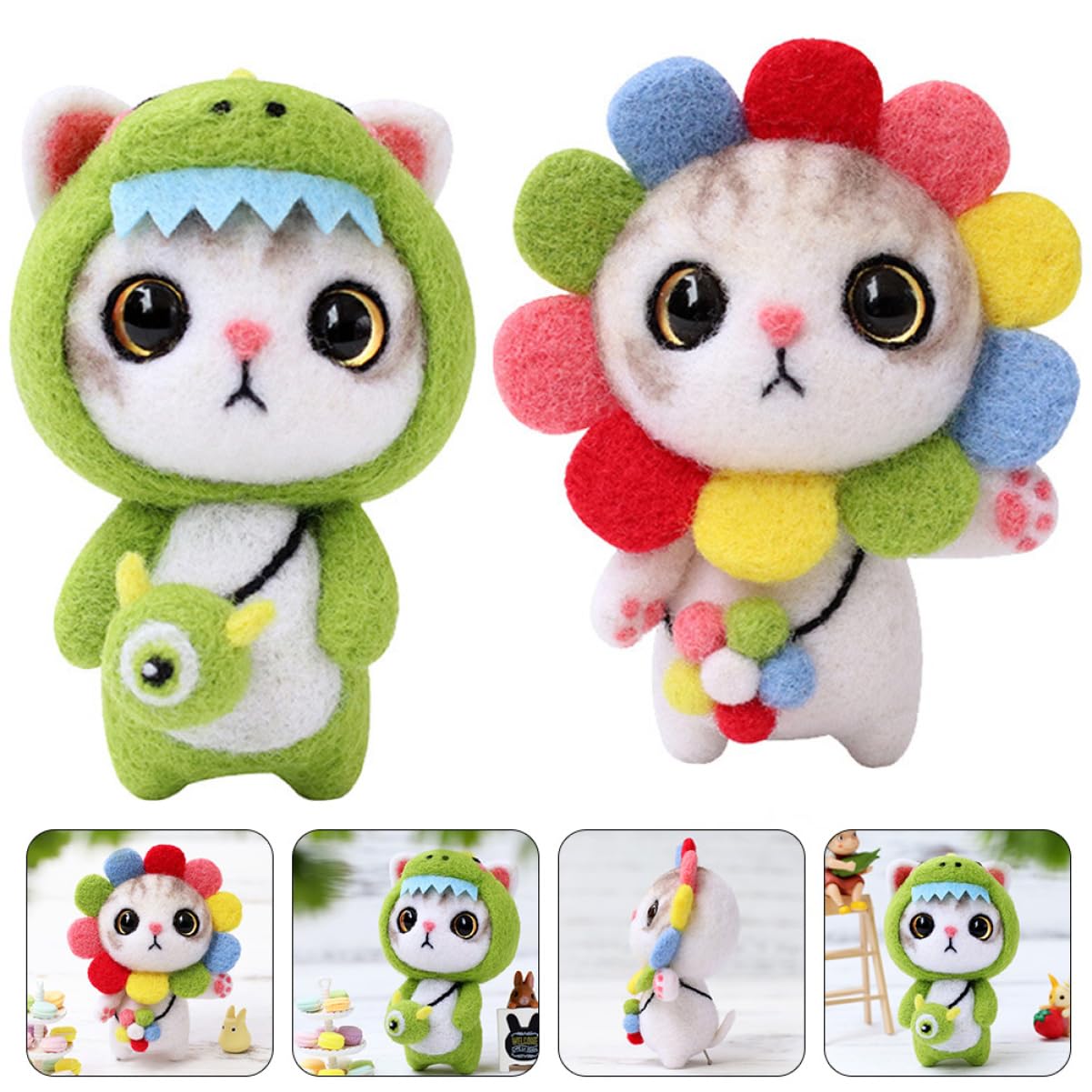 DOITOOL 6 Sätze Nadelfilz Kit für Anfänger DIY Katzenfilz Set mit Anleitung Regenbogen und Kleine Grüne Katze für Kreative Bastelprojekte Komplett Ausgestattet für Unvergessliche DIY