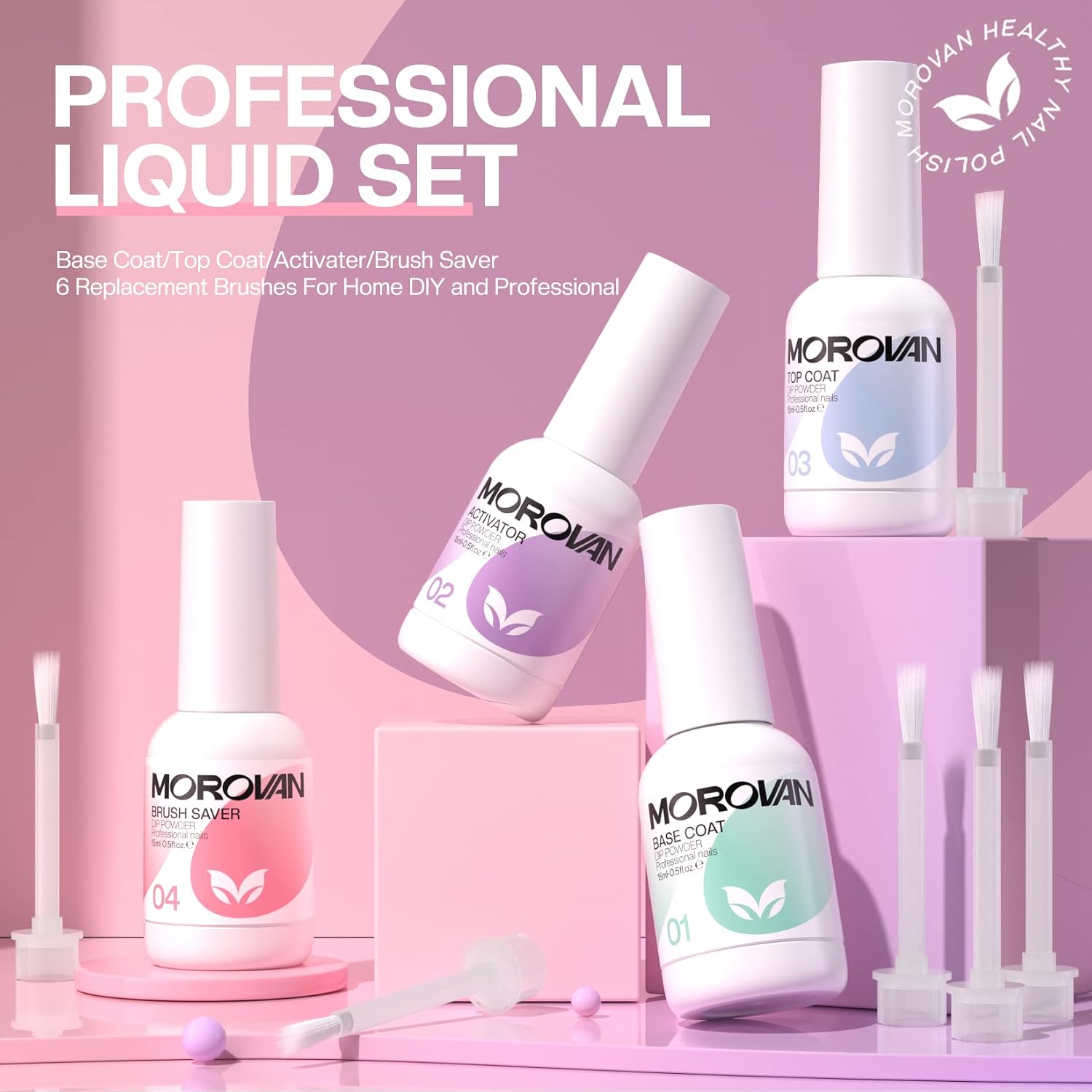 Morovan Dip Powder Liquid Set with Activator Base Top Coat and Dipping Powder Brush Saver 4pcs 0.5oz for Dip Nail Kit