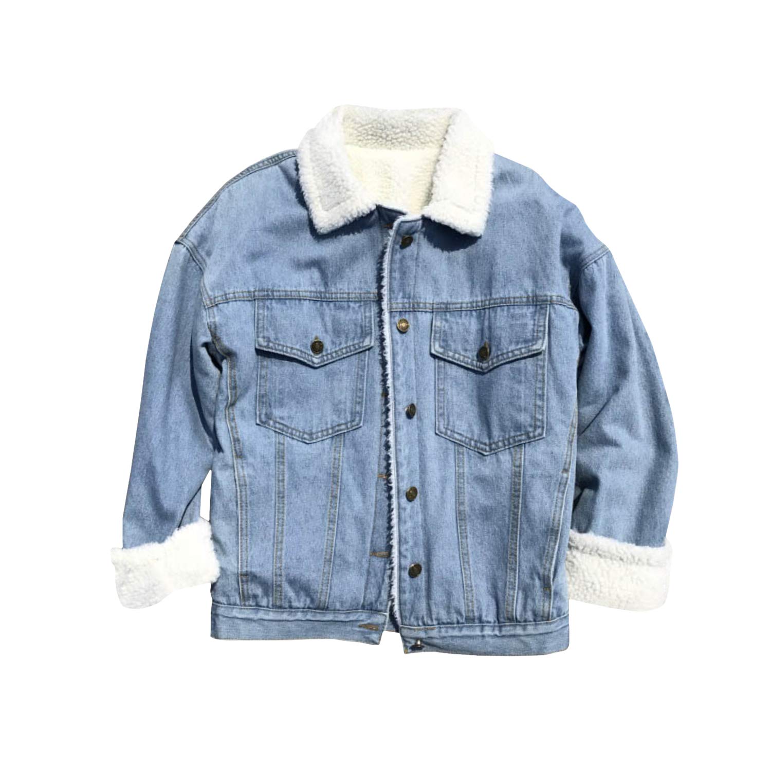 Oversize Jeansjacke mit Fell gefütterte Denim Jacke,für Damen Mädchen Revers Winterjacke Coat Damenjacke Wintermantel Outerwear Knopf mit Taschen,(künstlicher Fell)