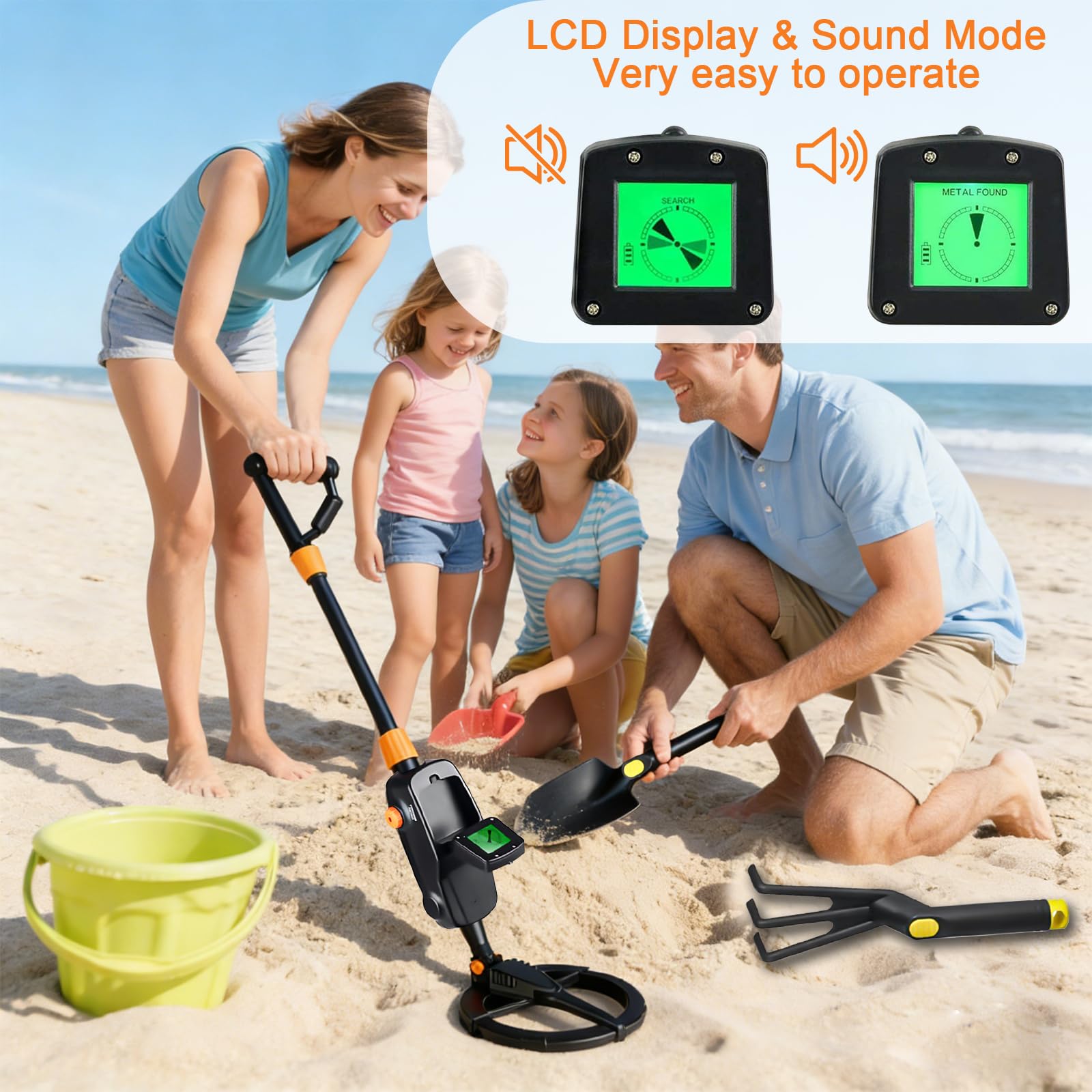 Metal Detector per Bambini, Display LCD e Indicatore Acustico, Ad Alta Sensibilità, con Pala, Rastrello e Borsa, per Regalo Principianti E Bambino