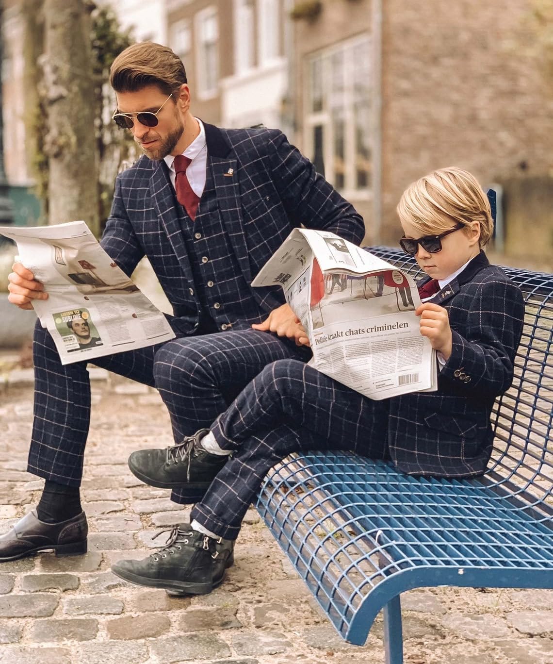 SIRRI Dopasowany garnitur w kratkę Tweed dla mężczyzn i chłopców, granatowy formalny zestaw ślubny