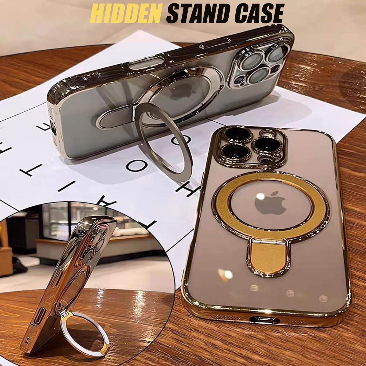 SMARTFOX Case for iPhone 14 Pro 6.1", Compatible with MagSafe, Luxury Plating Shockproof Clear Phone Cover with Invisible Stand, Full Camera Lens & Screen Protector for Women Girls, Titanium Gold - Image 3