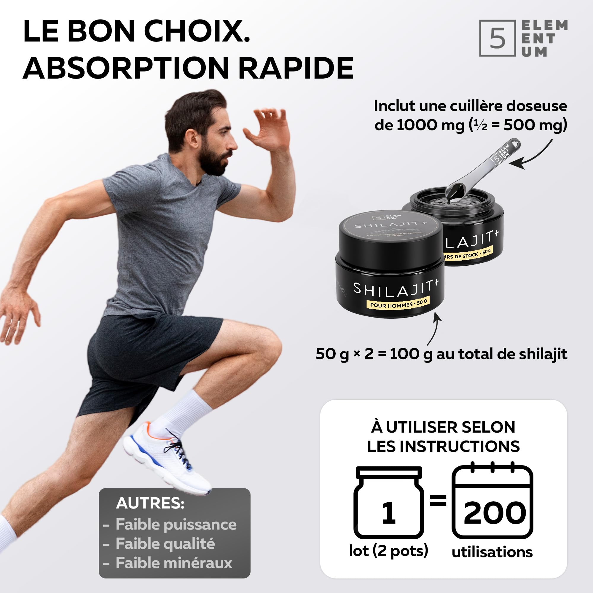 Shilajit Himalaya pour Hommes – 100 g (2x50 g) Résine Pure avec 82 % d’Acide Fulvique | Mumijo Naturel Hautement Concentré | Résine de Shilajit Himalayenne + Cuillère Doseuse 500 mg